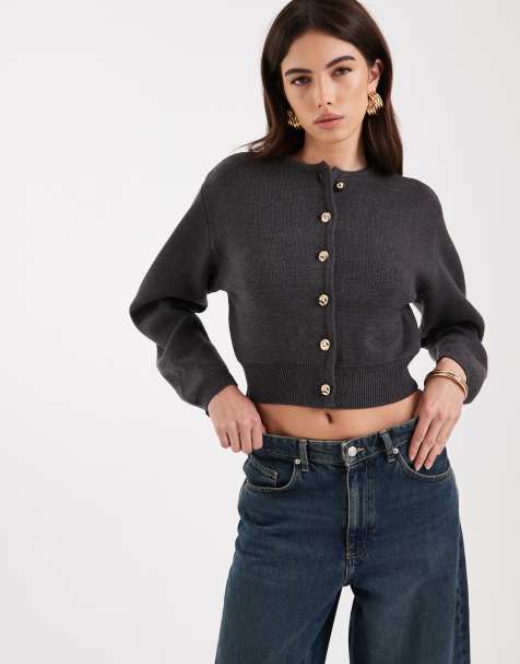 River Island – Strickjacke in Grau mit strukturierten Ärmeln - view 1