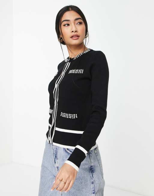 River Island – Strickjacke mit verziertem Rand in Schwarz