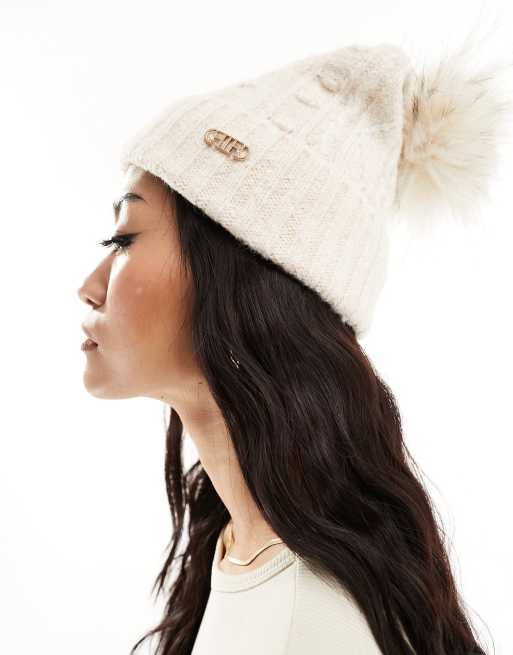 River Island – Strickmütze in Cremeweiß mit Zopfmuster und Bommel
