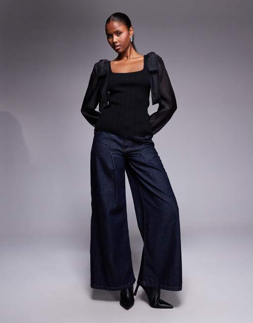 River Island – Strickoberteil in Schwarz mit Netzstoff-Ärmeln, 4 von 4