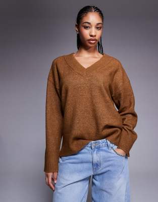River Island - Strickpullover in Braun mit V-Ausschnitt-Orange