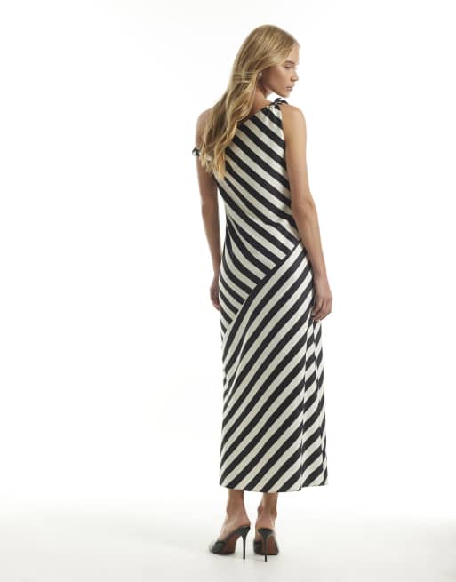 River Island Stripe asymmetric midi dress in black, 4 of 4