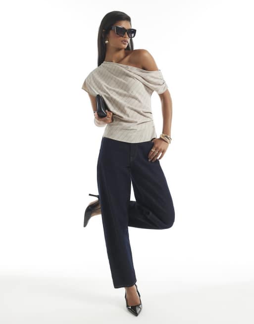 River Island Stripe asymmetric top in cream, 2 of 4