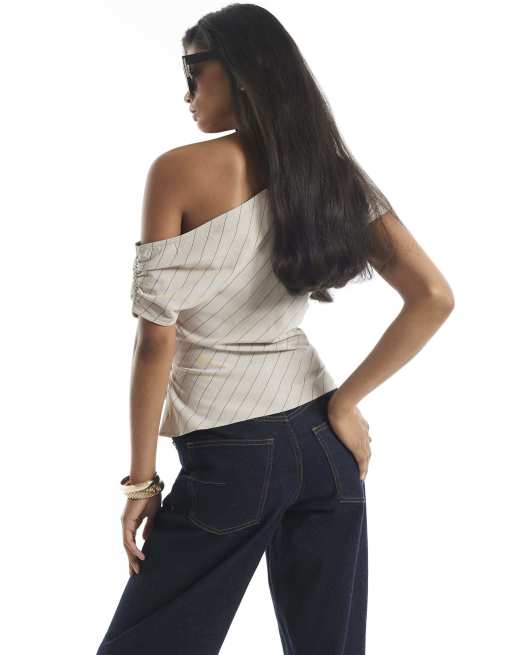 River Island Stripe asymmetric top in cream, 4 of 4