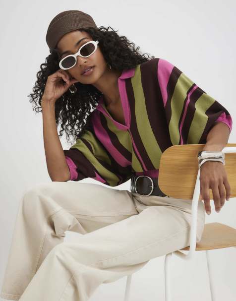 River Island Stripe batwing knitted polo top in multi colour - view 1
