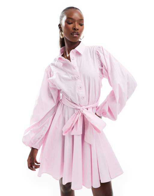 River Island stripe belted shirt dress in pink ASOS