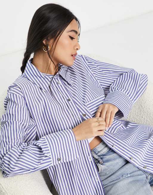 River Island stripe boyfriend poplin shirt in blue
