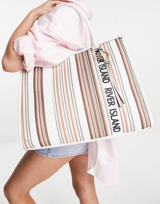 River Island stripe canvas shopper bag in brown