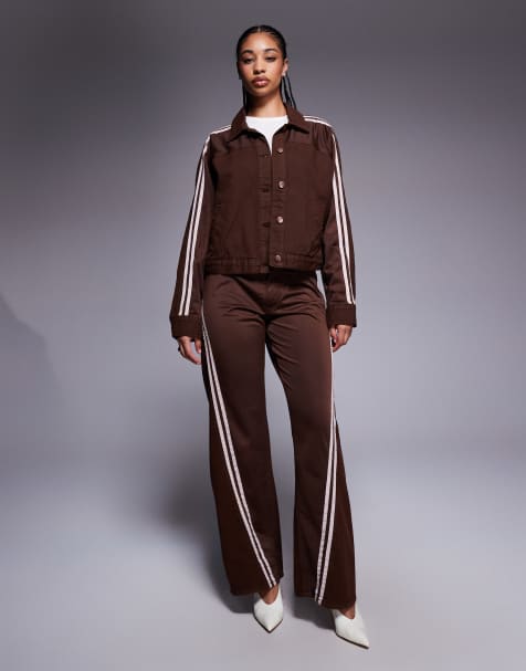 River Island stripe detail relaxed straight jeans in dark brown - view 1