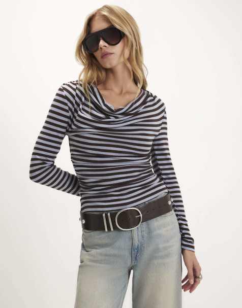 River Island Stripe drapey long sleeve top in blue - view 1