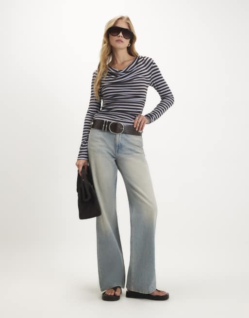 River Island Stripe drapey long sleeve top in blue, 3 of 4