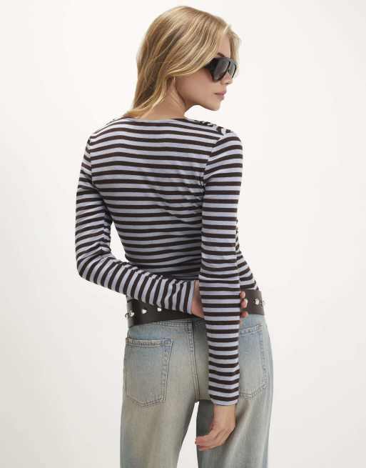 River Island Stripe drapey long sleeve top in blue, 4 of 4
