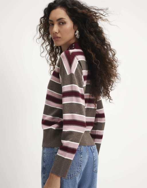 River Island Stripe embellished knit polo shirt in pink , 4 of 4
