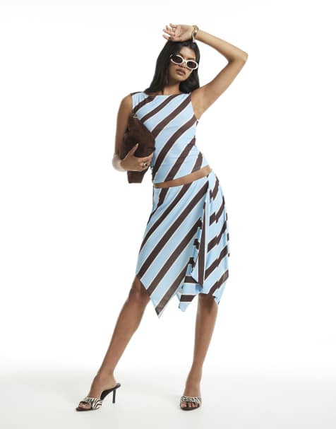 River Island Stripe hanky hem midi skirt in blue - view 1