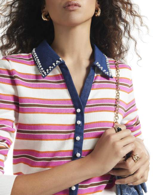 River Island Stripe hybrid denim knit top in pink, 3 of 4
