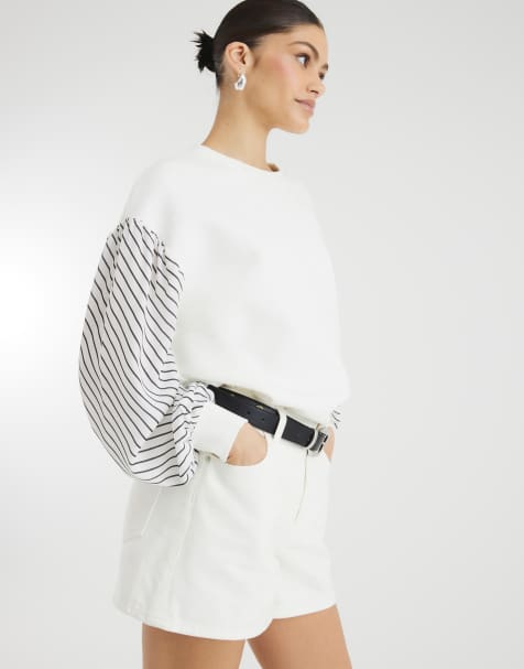 River Island Stripe hybrid sleeve sweatshirt in cream - view 1