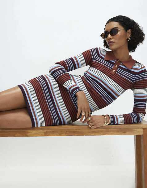 River Island Stripe knitted polo mini dress in light blue - view 1