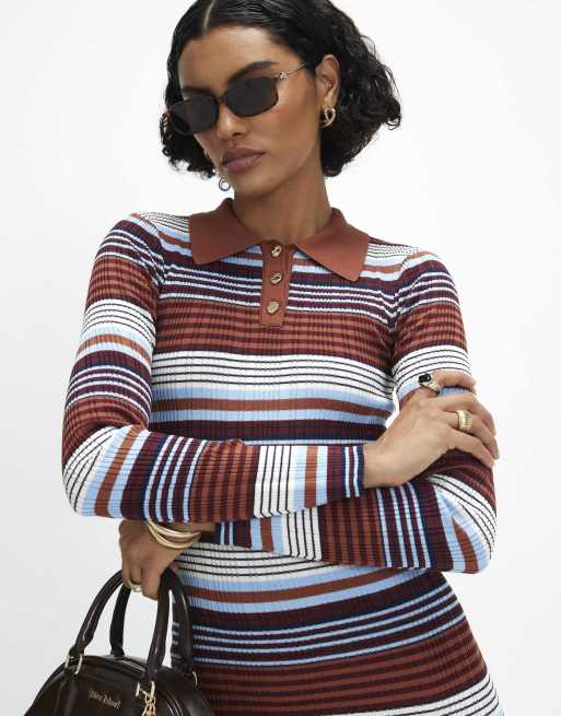 River Island Stripe knitted polo mini dress in light blue, 2 of 4