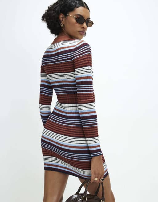 River Island Stripe knitted polo mini dress in light blue, 4 of 4