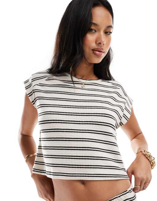 River Island stripe knitted polo shirt in cream (part of a set)
