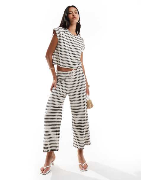 River Island stripe knitted wide leg pants in cream (part of a set) - view 1
