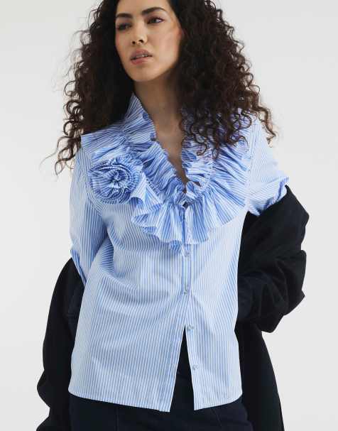 River Island Stripe long sleeve ruffle shirt in blue - view 1