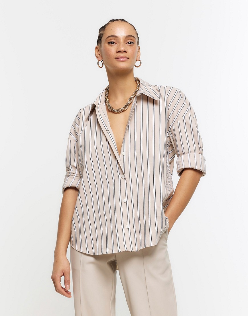 River Island Stripe long sleeve shirt in beige-Neutral