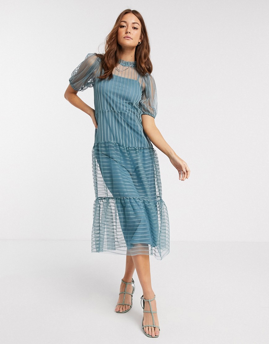 River Island stripe mesh smock midi dress in light blue