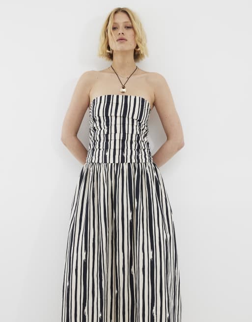 River Island Stripe pleated bandeau midi dress in stone - light, 3 of 4