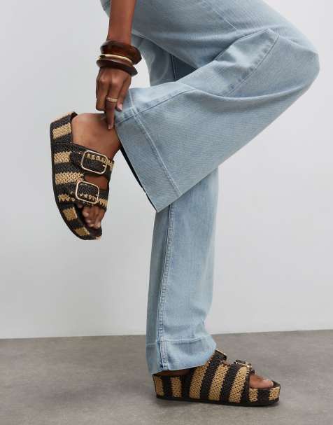River Island Stripe raffia footbed sandals in brown - view 1