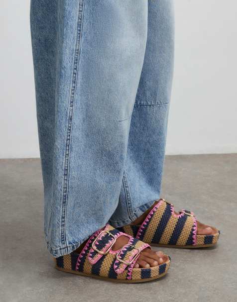 River Island Stripe raffia footbed sandals in navy - view 1