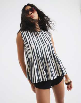 River Island Stripe sleeveless pleated top in black