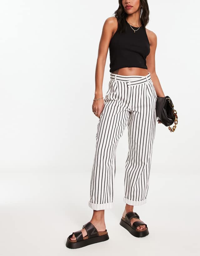 River Island stripe step waist pants in white