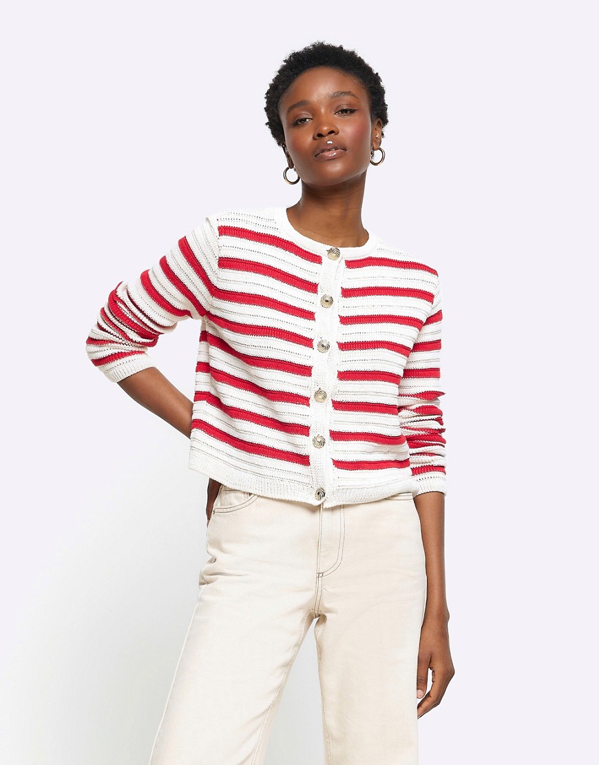 River Island Stripe textured knit cardigan in red