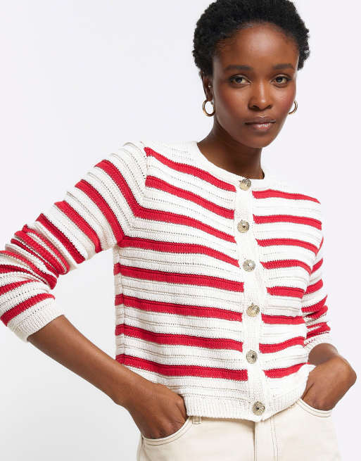 River Island Stripe textured knit cardigan in red