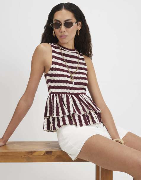 River Island Stripe textured peplum top in burgundy - view 1