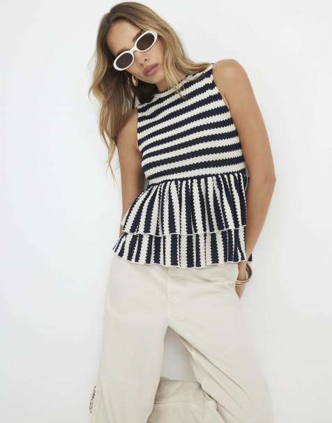 River Island Stripe textured peplum top in navy - view 1