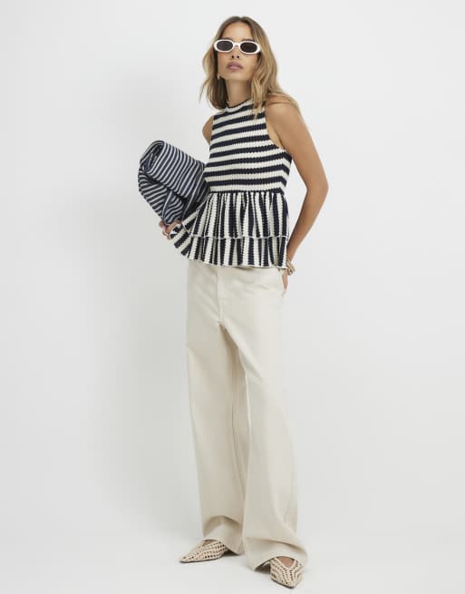 River Island Stripe textured peplum top in navy, 3 of 4
