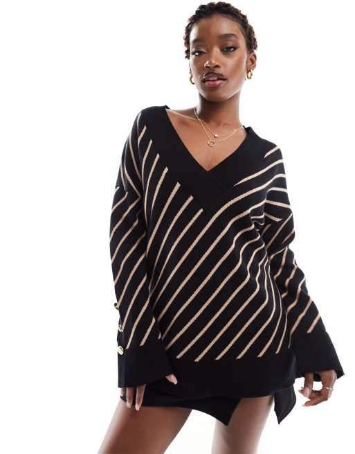 River Island stripe v neck jumper in black ASOS