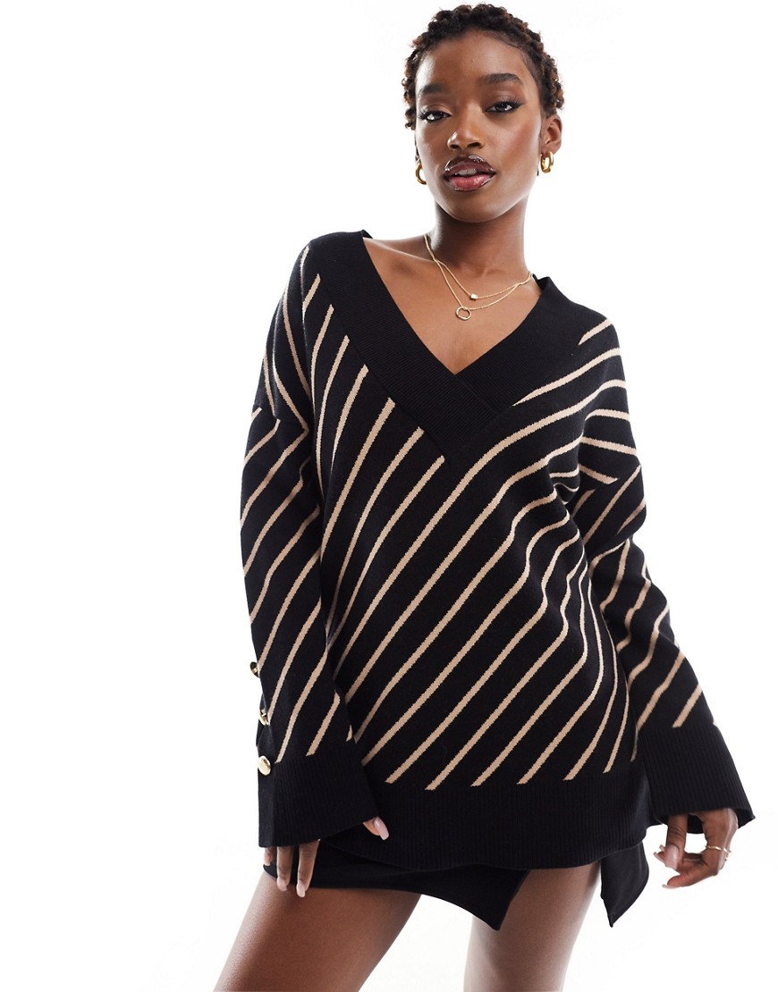 Shop River Island Stripe V-neck Sweater In Black