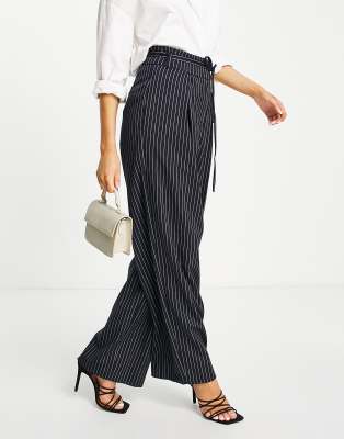 River Island stripe wide leg tie side trouser in navy