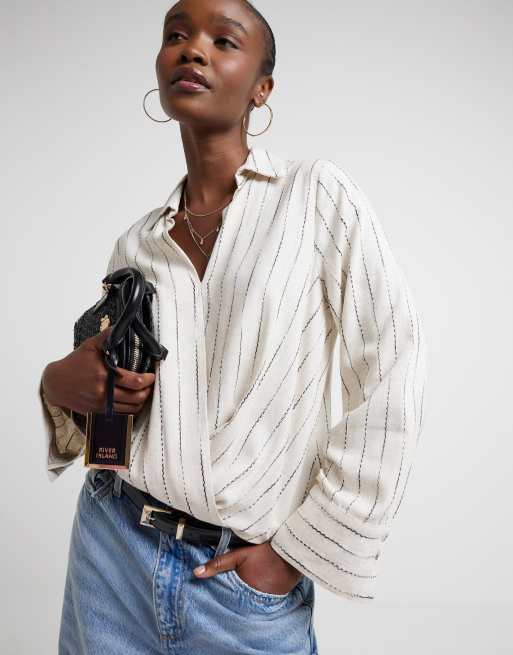 River Island Stripe wrap blouse in beige