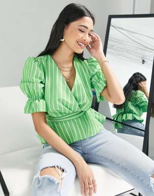 River Island striped belted poplin top in green