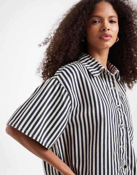 River Island striped boxy denim shirt in white - view 1