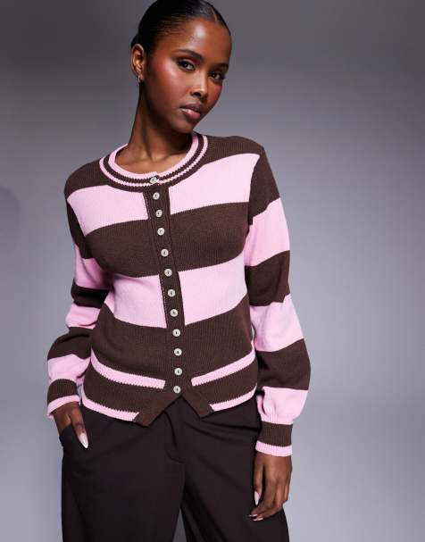 River Island striped cardigan in dark brown - view 1