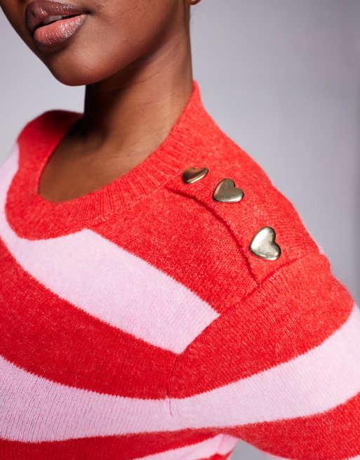 River Island striped cardigan with heart buttons in red, 3 of 4