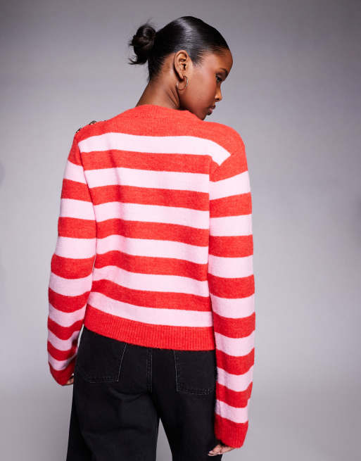 River Island striped cardigan with heart buttons in red, 4 of 4