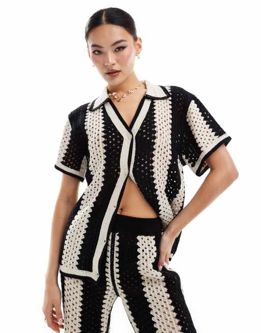 River Island striped crochet polo shirt in black (part of a set)