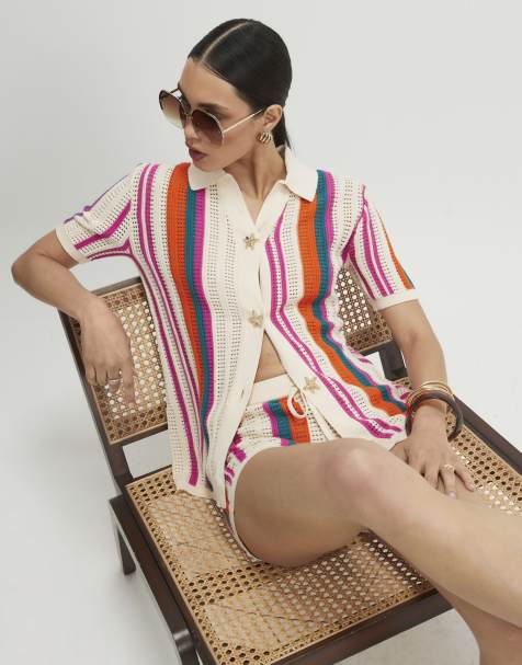River Island Striped crochet shirt in cream - view 1