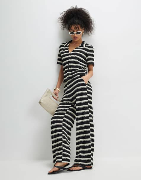 River Island Striped crochet wide leg trousers in black - view 1
